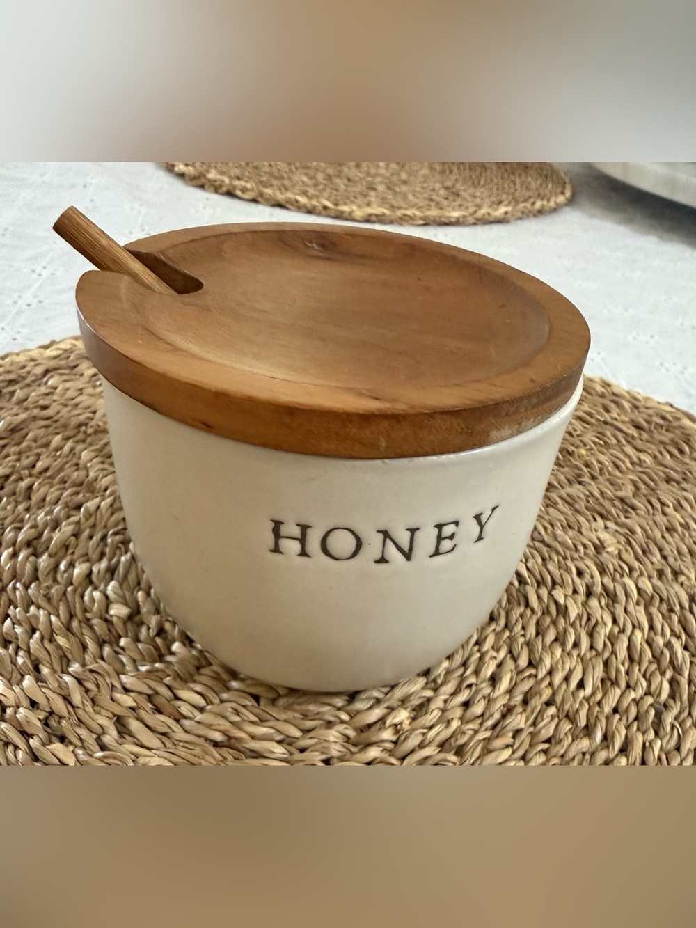 Hearth & Hand Cream Stoneware Jar with Brown Wood Lid
